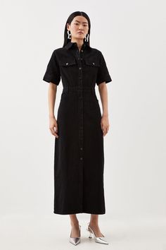 Bring A Style Statement To Casual Occasions With This Maxi Shirt Dress, Crafted From Premium Denim Fabric With A Button-Down Design And Short Sleeves For Practicality, While Pocket Flaps, A Front Split Hem And Belt Loops Add Elevated Details.Maxi Hemlinedenim Fabricshort Sleevesbutton Detailing Fitted Shirt Dress, Black Denim Dress Outfit, Button Up Shirt Dress Outfit, Black Denim Dress, Denim Dress Outfit, Glamorous Fashion, Shirt Dress Outfit, Dramatic Classic, Maxi Outfits