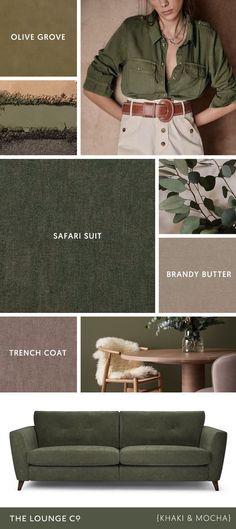 Colour Combinations - Khaki Green and Mocha - Interior Inspiration Khaki Color Combination Outfit, Khaki Sofa Living Room Ideas, Khaki Green Outfit, Khaki Color Combination, Khaki Color Palette, Olive Bedroom, Green Living Room Decor, Green Lounge, Green Color Combinations