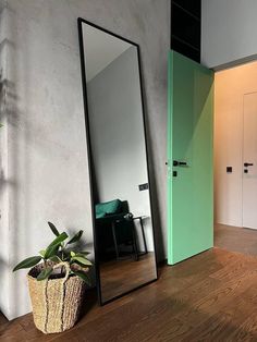 a large mirror sitting on top of a wooden floor next to a potted plant