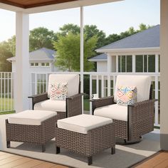 two wicker chairs sitting on top of a hard wood floor next to a window