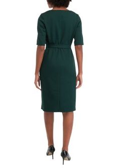 The belted waistline of this fit-and-flare dress from Perceptions will flatter every figure. | Perceptions Women's Button Crew Solid Belted Fit and Flare Dress, Large Fitted Green Belted Dress, Fitted Belted Dress With Pleated Waist For Formal Occasions, Formal Fitted Belted Dress With Pleated Waist, Elegant Green Belted Dress For Work, Fitted V-neck Belted Dress For Office, Fitted Belted Dress With Belted Cuffs, Belted Green Dress For Workwear, Belted Green Dress For Work, Elegant Workwear Dresses With Belt Loops