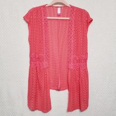 Super Cute Coral Colored Open Front Vest / Cardigan. Different Crochet Lace Patterns Throughout, Light And Airy! Size Large By No Boundaries. -New Without Tags -Measures 19"Armpit To Armpit Closed, 28"Long Smoke Free Home! Fast Shipper! Offers Always Welcome! Top Rated Seller! Posh Ambassador! Bundle For An Extra Discount & Save On Shipping, Too! Pink V-neck Crochet Top For Spring, Fitted V-neck Pink Crochet Top, Stretch Pink Crochet Beach Top, Pink Crochet Top For Spring Vacation, Pink Crochet V-neck Top For Spring, Spring Vacation Pink Crochet Top, Pink Crochet Top With Lace Trim For Spring, Pink Sleeveless Crochet Top For Spring, Stretch Crochet Top In Pink