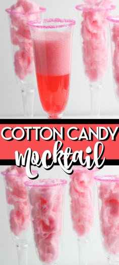 cotton candy cocktails in wine glasses with the words cotton candy mockel over them