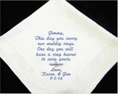 Ring Bearer Handkerchief, an embroidered personalized wedding gift, a keepsake a wonderful occasion from the bride and groom. A wonderful gift for the one who carries the rings. A must have for any ring bearer. This handkerchief is 17 x 17 100% cotton with satin stripes   At check out leave info in Ladies Handkerchiefs, Western Gifts, Bridal Party Favors, Embroidered Handkerchief, Wedding Handkerchief, Custom Towel, Embroidered Gifts, 21st Gifts, Wedding Keepsakes