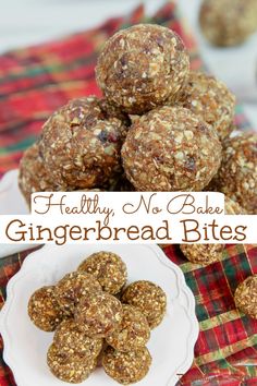 healthy no bake gingerbread bites on a white plate with red and green plaid tablecloth