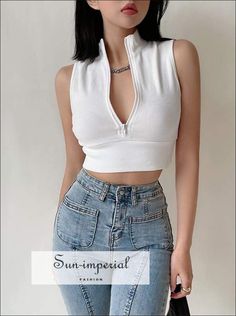 Women White Sleeveless Half Zip Crop Tank top with High Neck White Sleeveless Crop Top, Zipper Outfit, Tough Clothes, Zip Crop Top, Imperial Fashion, Red Clothing, Table S, Classic Corvette, Turtle Neck Crop Top