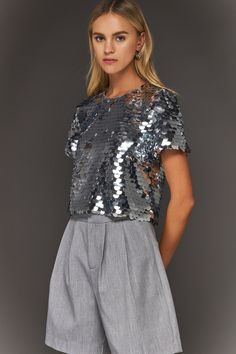 Sequin Crop Top – Endless Rose Evening Sequin Crop Top, Evening Sequined Crop Top, Chic Crop Top With Contrast Sequin For Night Out, Chic Contrast Sequin Crop Top For Night Out, Contrast Sequin Cropped Top For Evening, Chic Spring Tops With Contrast Sequin, Chic Shiny Tops For Party Season, Cropped Crop Top With Contrast Sequin For Evening, Glamorous Cropped Sequin Crop Top