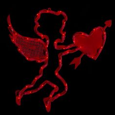 a red neon sign with a person holding a heart in the shape of a cupid