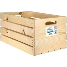 a wooden crate with two handles and labels on it