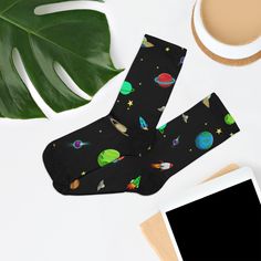 Out of this World with a pair of unique SPACE Socks to make dressing fun. A true one size fits all, and are available from W's size 5 US up to M's size 12 US. A lot of stretch with durable print quality - no fade - you will love them. .: 58% Recycled Polyester 22% Nylon 15% Cotton 5% Elastane .: 200 needle knit premium socks .: One size fits all (W's size 5 US up to M's size 12 US) MADE IN USA Any questions, please do not hesitate to message or store. Space Socks, Space Fashion, Unisex Gift, Socks For Men, Sock Gifts, Unisex Gifts, Fashion Socks, Mens Socks, Smart Casual