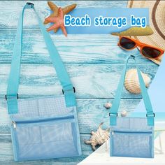 the beach storage bag is blue and has two small pockets on each side, one with a