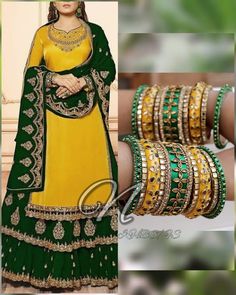 Make Your Beauty Mesmerizing With This Utterly Glamours Chura Set In Yellow and Green Color. Garnished With High Quality Glass Kundan & Glass Stone Beaded Bangles. Grab This Alluring Beauty Specially Made For Your Special Day And Look Dazzling Yet Traditional. This is a set of 18 (9 For Each Hand). Green Handwork Sets For Wedding, Gold Lehenga With Handwork For Wedding, Green Traditional Wear With Stone Work For Wedding, Elegant Festive Sharara For Marriage, Elegant Sharara For Marriage And Festive Occasions, Green Wedding Lehenga With Handwork, Green Wedding Sets With Handwork, Festive Bridal Sets For Parties, Party Sets With Stone Work In Green