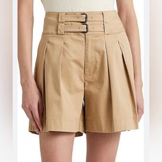 Pleated Sateen High-Rise Shorts. Zip Fly With A Hook-And-Bar Closure Two-Buckle Waistband With An Interior Stay Button Side On Seam Pockets Welt Pocket At The Left Back Waist Buttoned Flapped Pocket "Lrl"-Engraved Corozo Button Front Waist Pleats Back Waist Darts Cotton/Elastane Machine Wash Imported Chic Wide Leg Shorts With Belt Loops, Short Belted Bottoms, Beige Belted Bottoms For Summer, Short Length Shorts With Belt Loops For Day Out, Summer Beige Belted Bottoms, Shorts With Belt Loops For Day Out, Chic Belted Cotton Shorts, Beige Bottoms With Belt Loops, Short Leg, Belted Workwear Shorts