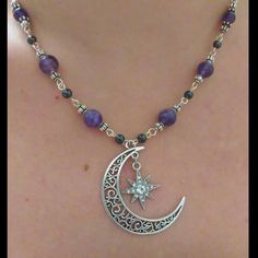 Made with Genuine faceted 8mm Amethyst and 4mm Hematite gemstones. Center focal filigree silver plated Crescent Moon with radiant starburst crystal charm. Fine silver plated findings and wire, Crescent Moon pendant focal measures approximately. 2 in. Necklace length 18in with 2in extender chain. Lobster Claw clasp. Matching earrings also available soon! Comes Gift boxed. *Custom Orders Welcome* Silver Celestial Crystal Necklaces For Jewelry Making, Celestial Silver Crystal Necklaces For Jewelry Making, Celestial Silver Gemstone Crystal Necklaces, Spiritual Silver Crystal Necklace With Gemstone Beads, Silver Crystal Necklace With Spacer Beads As Gift, Celestial Silver Crystal Necklaces For Healing, Mystical Silver Amethyst Crystal Necklace, Celestial Silver Crystal Necklace With Natural Stones, Mystical Silver Gemstone Bead Necklace