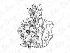 a bouquet of flowers on a white background with the word love written in black ink