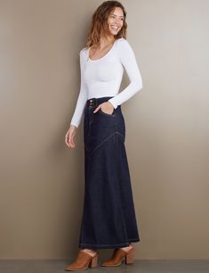 Details of old, made new. Beautiful waist/button detail, with pieced Premium denim construction, the Pieced Denim Maxi Skirt from Wash Lab is a must-own classic. The cover model is 5'9" wearing a size 26 Fabric: 95% Cotton 4% Polyester 1% Spandex Length: 39.25" from waist Fitted Medium Wash Recycled Denim Skirt, Casual Fitted Denim Skirt In Recycled Material, Casual Fitted Denim Skirt In Recycled Denim, Fitted Casual Denim Skirt From Recycled Material, Casual Fitted Recycled Denim Skirt, Fitted Dark Wash Denim Skirt In Recycled Material, Fitted Dark Wash Denim Skirt From Recycled Materials, Fitted Dark Wash Recycled Denim Skirt, Below The Knee Skirt