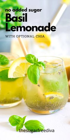 two glasses filled with lemonade and basil