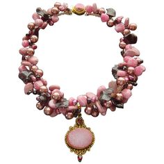 Rachelle Necklace - An explosion of pink, woodrose and garnet reds is exhibited by this cacophony of texture and color in this elegant cluster choker necklace. Each of the hundreds of gemstones has been hand-spun on wire to create this rich and lust worthy design. The focal point of the necklace is a naturally occurring pink druzy pendant which appears as though it has been dusted with sugar and encased in a Byzantine gold vermeil setting, replete with sparkling garnet accents. The sweet ending Ruby Choker, Tony Duquette, Byzantine Gold, Pearls Choker, Pearl Cluster Necklace, Necklaces Choker, Vintage Choker Necklace, Diamond Bows, Long Pearl Necklaces