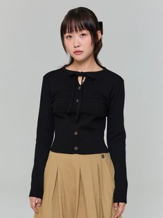 Composition : Composition : 63% polyester, 33% acrylic, 4% spandexColor : BLACKCountry of Origin : Republic of Korea Black Stretch Knit Cardigan, Black Knit Ribbed Cardigan, Knitwear, Composition, Ribbon, The Originals, Knitting, Clothes For Women, Clothes