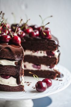 a piece of chocolate cake with cherries on top