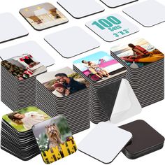 a stack of coasters with different pictures on them