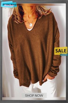 Red Long Sleeve Casual Shirts & Tops Plain V-neck Top For Fall, Brown V-neck Solid Color Top, Brown Solid Color V-neck Top, Oversized Brown Long Sleeve Top, Winter V-neck Top, Brown V-neck Tops For Fall, Brown Relaxed Fit Plain Top, Casual Brown Tops For Fall, Brown Solid Color Top For Winter