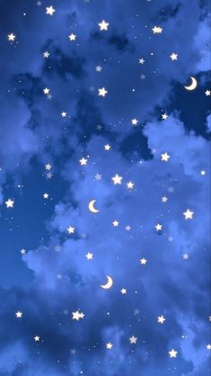 the night sky is filled with stars and crescents, as if they were falling from the clouds