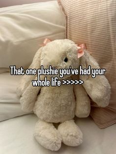 a white stuffed animal sitting on top of a bed next to pillows with the words that one pushie you've had your whole life