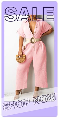 Pink Casual Solid Split Joint Turndown Collar Straight Jumpsuits Mint Green Shorts, 2023 Pink, Purple And Gold Dress, Hot Jumpsuits, Pink Swimwear, Belt Jumpsuit, Camouflage Pants, 90's Fashion, Hot Swimwear