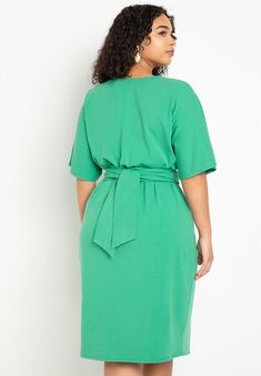 Cross Front Flutter Sleeve Dress | Eloquii Fitted V-neck Belted Dress For Daywear, Chic Solid Color Dress With Tie Waist, V-neck Tie Waist Dress For Daywear, Casual V-neck Belted Dress With Tie Waist, Fitted Dress With Tie Sleeves For Daywear, Casual Belted V-neck Dress With Tie Waist, V-neck Rayon Midi Dress With Tie Waist, Fitted V-neck Belted Dress With Tie Waist, Casual Fitted Belted Dress With Tie Waist