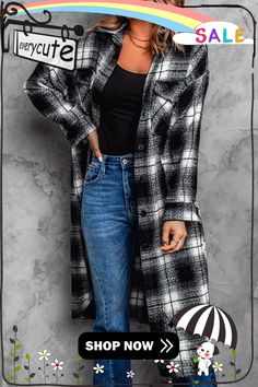 Black Plaid Print Buttoned Pocketed Long Sleeve Long Coat Plaid Print, Black Plaid, Long Coat, Winter Jackets, Fall Winter, Plaid, Long Sleeve, Black