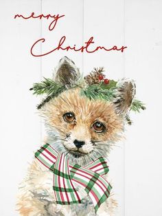 a christmas card with a fox wearing a scarf and holly wreath on it's head