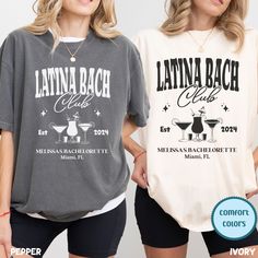 Latina Bach Club T Shirt HOW TO ORDER  -Choose Your Color  -Choose Your Size  -Click Add To Cart ➤For multiple items you can adjust the QUANTITY once the item is in your cart.  PRODUCTION and SHIPPING Processing is 1-3 days. (without weekends and holidays) First Class Shipping is 4-6days(after processing time). -PLEASE MAKE SURE YOU HAVE READ AND UNDERSTAND THE DESCRIPTION FULLY BEFORE PLACING AN ORDER- 🚫WE DO NOT ACCEPT EXCHANGES, RETURNS, OR CANCELLATIONS🚫 Designs are printed DIRECT-TO-GARMENT by a reliable printing company in the USA. 🇺🇸 Machine wash: cold (max 30C or 90F); Do not bleach; Tumble dry: low heat; Iron, steam or dry: low heat; Do not dryclean. Fitted Crew Neck Party Shirt, Fitted Crew Neck Shirt For Party, Fitted Party Shirt With Letter Print, Fitted Crew Neck Shirt For Bachelorette Party, White Fitted Shirt For Bachelorette Party, Fitted Graphic Print Top For Bachelorette Party, Spanish Bride, Bachelorette Miami, Wife Of The Party