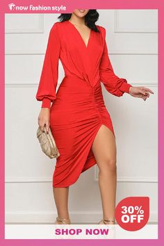 Red Casual Solid Patchwork V Neck Long Sleeve Dresses Red Non-stretch Dress For Night Out, Red Solid Color Midi Dress For Party, Non-stretch Red Dress, Chic Red Solid Color Midi Dress, Elegant Non-stretch Red Midi Dress, Chic Non-stretch Red Dresses, Chic Red Non-stretch Dress, Red Long Sleeve Solid Dress, Red Solid Color Midi Dress For Fall