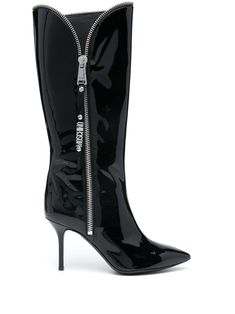 black calf leather patent finish side zip fastening 85mm high stiletto heel decorative zip detailing logo lettering pointed toe branded leather insole leather lining leather sole This piece comes complete with a protective dust bag. Luxury High-heel Boots With Zipper Closure, Luxury High Heel Boots With Zipper Closure, Party Patent Leather Boots With Zipper Closure, Patent Leather Party Boots With Zipper Closure, Modern Heeled Boots With Zipper For Evening, Modern Heeled Boots With Zipper Closure For Evening, Pink Nike Shoes, Detailing Logo, Patent Leather Boots