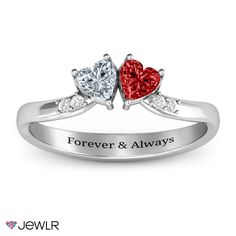 Fall in love with this pretty promise ring, featuring two center heart birthstones and delicate wraparound band. You can personalize the ring with genuine or simulated birthstones and your choice of sterling silver, white, yellow or rose gold. Two accent stones sparkle alongside each of the stones for added elegance. With a special engraving along the inside of the band, this ring makes a beautiful promise ring, couple's ring, mother's ring or one-of-a-kind accessory. Personalized White Heart Cut Ring, Personalized White Heart Ring For Valentine's Day, Personalized Silver Birthstone Ring For Valentine's Day, Personalized White Rings For Valentine's Day, Personalized Silver Heart Cut Birthstone Ring, Personalized White Heart Ring For Wedding, Heart-shaped Promise Birthstone Ring, Personalized Heart Cut Birthstone Ring For Valentine's Day, Personalized Heart Birthstone Ring In Sterling Silver