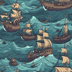 an image of ships in the ocean with waves and birds flying above them on a blue background