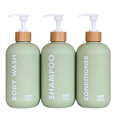 PRICES MAY VARY. THIS SET INCLUDES: 3 elegantly designed plastic bottles for shampoo, conditioner, and body wash. It also comes with a free funnel. SUSTAINABLE AND QUALITY MATERIALS: We use high-quality sustainable plastic for the refillable shampoo and conditioner bottles. The lid is made from natural bamboo. We hold high standards for our quality control process. MODERN DESIGN: The matte texture, classic shape, and modern matcha green color along with the natural bamboo lid will bring timeless Shampoo And Conditioner Dispenser, Shampoo And Conditioner Bottles, Shower Soap Dispenser, Lotion Containers, Shampoo Dispenser, Shampoo Bottles, Shower Soap, Matcha Green, Lotion Dispenser