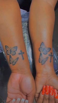 Butterfly Tats, Girly Hand Tattoos, Tattoos Butterfly, Girl Neck Tattoos, Couple Matching Tattoo, Small Girly Tattoos, Cross Tattoos For Women, Matching Sister Tattoos