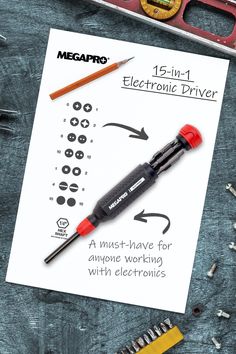 Specifically configured for service technicians in the Electronics industry!

Loaded with 7 double end professional quality bits, this assortment of bit types and sizes provides the 14 most popular tips for driving screws.  The shaft opening serves as a 1/4″ hex driver!  Hence the name “15-in-1″. Tips For Driving, Robot Gift, Robotic Toys, Gifts For Programmers, Gadget Gifts, Tech Gifts