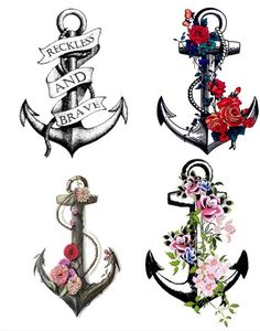 four anchor tattoos with flowers and ribbons on them