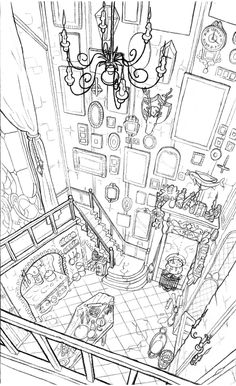 a black and white drawing of a living room with chandelier hanging from the ceiling