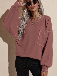 Women's Sweatshirt Crew Neck Bat Long Sleeve Loose Sweatshirt Casual Long Sleeve Solid Color T-shirt, Ribbed Long Sleeve T-shirt For Fall, Fall Crew Neck T-shirt With Pockets, Trendy Solid Color Tops With Pockets, Fall Ribbed Tops With Relaxed Fit, Fall Ribbed Relaxed Fit Tops, Fall Ribbed Top With Relaxed Fit, Winter Tops With Pockets And Relaxed Fit, Ribbed Tops With Relaxed Fit For Fall