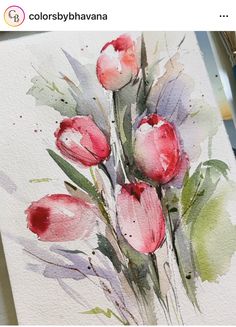 a watercolor painting of red tulips on white paper