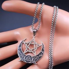 Unlock the energy of Wiccan adornment with our spectacular Witch Knot Pentagram Triple Moon Necklace! Boasting a 50cm length and constructed from stainless steel, this piece is rustproof, non-allergenic, and won't corrode, warp, or fade - ideal for your spiritual voyage. Plus, it offers protection against both acid and alkalies! 🔮 Jewelry Maintenance: ---Keep away from water, sweat and cosmetics; ---Do not wear it in shower, swim, sleep, sport and wash something; ---Do not exposed to air for a Witch Trinkets, Witch Knot, Pentacle Jewelry, Pentagram Jewelry, Medieval Things, Pentacle Necklace, Fanfic Ideas, Moon Goddess Necklace, Witch Accessories