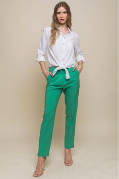 Easy to wear in trending green, this piece will add just the right element to any outfit! Perfect to pair with a crisp white button up or simple white fitted tank Available in Small, Medium, Large and XLarge Runs true to size. Straight leg with side pockets Tencel Shirt, Jean Fabric, Formal Blazer, Jeans Fabric, White Button Up, Sweatshirt Short Sleeve, Activewear Sets, Simple White, Tailored Pants