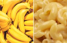 two pictures side by side one with bananas and the other with macaroni and cheese