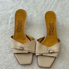 Perfect Condition, Never Worn, Ivory Ferragamo Kitten Heel Slides. There Is Still The Sticky From The Price Tag On The Soul Of One Of The Shoes. Summer Slides, Summer Slide, Salvatore Ferragamo Shoes, Ferragamo Shoes, Kitten Heel, Price Tag, The Soul, Salvatore Ferragamo, Kitten Heels