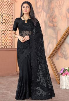 Scalloped Saree, Pearl Work Saree, Black Net Saree, Raspberry Blush, Saree In Black, Diwali Dresses