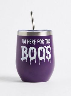 i'm here for the boos wine tumbler with straw in purple and white